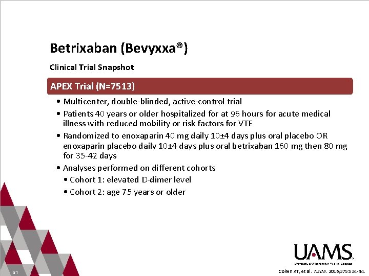 Betrixaban (Bevyxxa®) Clinical Trial Snapshot APEX Trial (N=7513) • Multicenter, double-blinded, active-control trial •