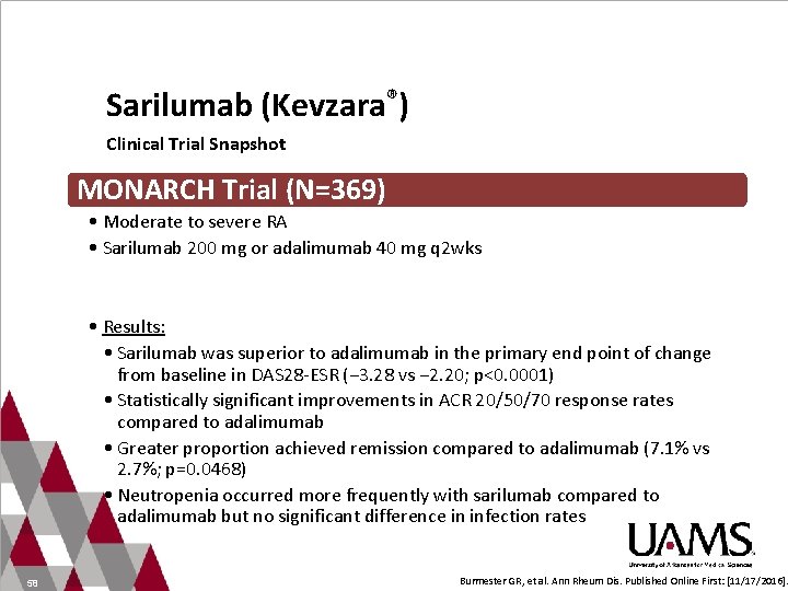 Sarilumab (Kevzara®) Clinical Trial Snapshot MONARCH Trial (N=369) • Moderate to severe RA •