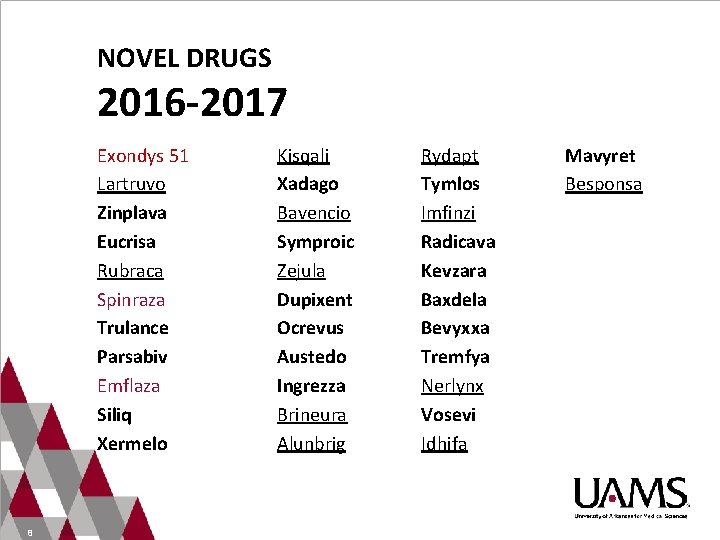 NOVEL DRUGS 2016 -2017 Exondys 51 Lartruvo Zinplava Eucrisa Rubraca Spinraza Trulance Parsabiv Emflaza