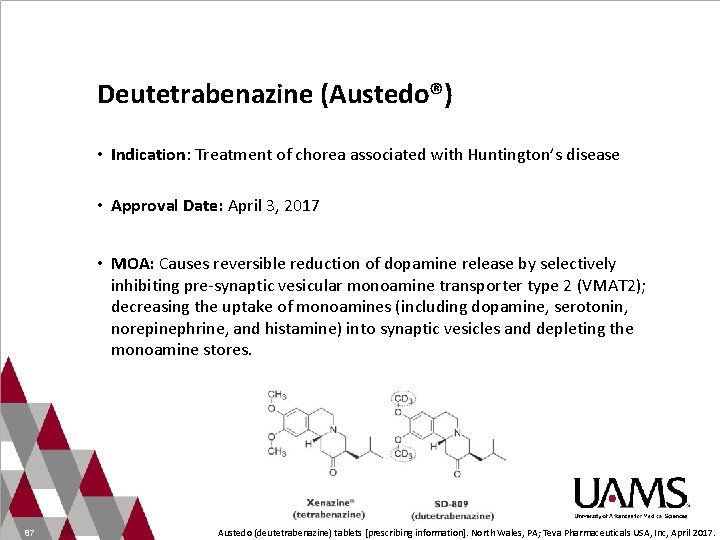 Deutetrabenazine (Austedo®) • Indication: Treatment of chorea associated with Huntington’s disease • Approval Date: