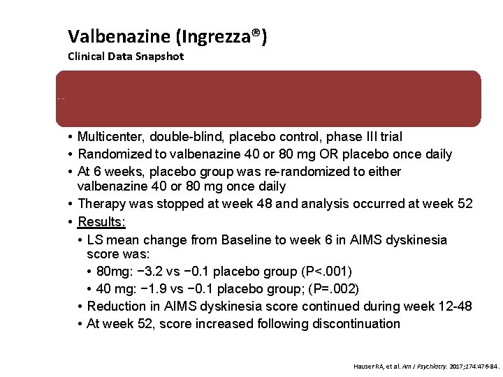 Valbenazine (Ingrezza®) Clinical Data Snapshot KINECT 3 Trial (N=234) • Multicenter, double-blind, placebo control,