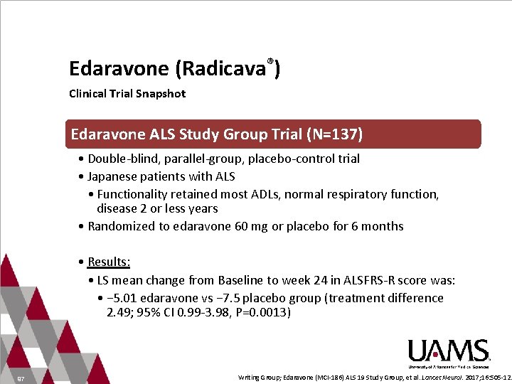 Edaravone (Radicava®) Clinical Trial Snapshot Edaravone ALS Study Group Trial (N=137) • Double-blind, parallel-group,