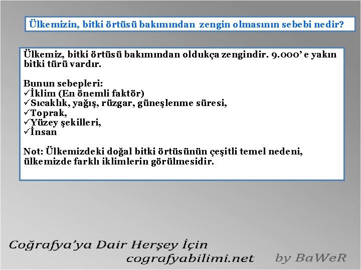 Ülkemizin, bitki örtüsü bakımından zengin olmasının sebebi nedir? Ülkemiz, bitki örtüsü bakımından oldukça zengindir.