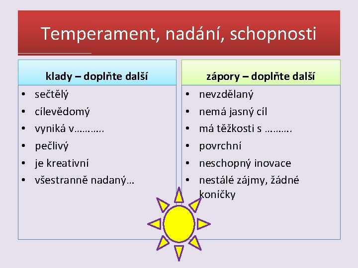 Temperament, nadání, schopnosti klady – doplňte další • • • sečtělý cílevědomý vyniká v……….