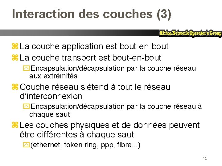 Interaction des couches (3) z La couche application est bout-en-bout z La couche transport