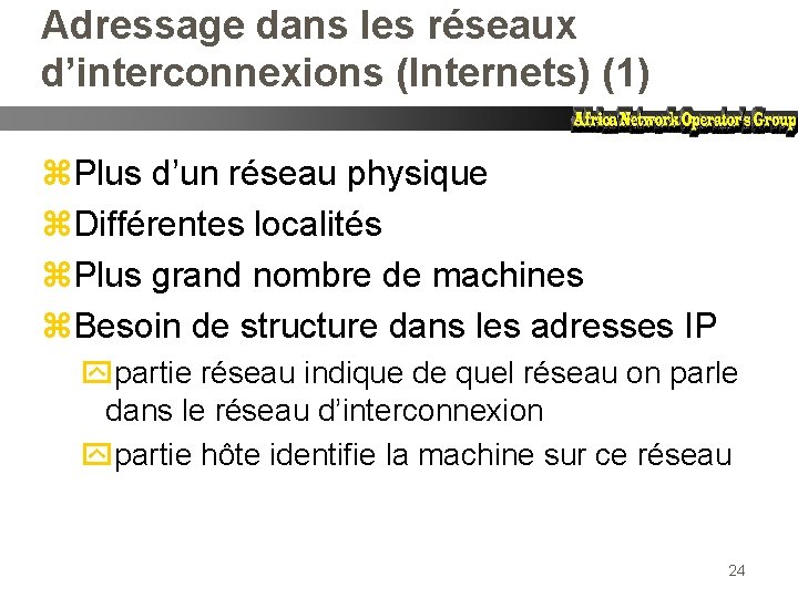 Adressage dans les réseaux d’interconnexions (Internets) (1) z. Plus d’un réseau physique z. Différentes