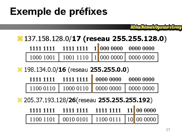 Exemple de préfixes z 137. 158. 128. 0/17 (reseau 255. 128. 0) 1111 1000