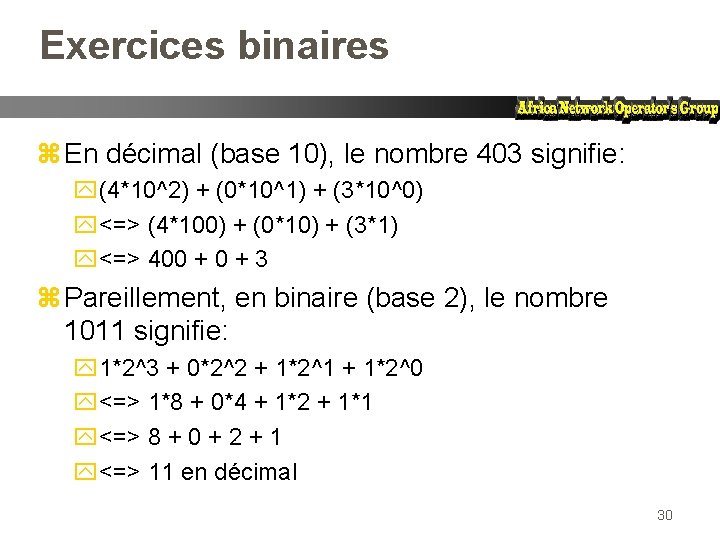 Exercices binaires z En décimal (base 10), le nombre 403 signifie: y(4*10^2) + (0*10^1)