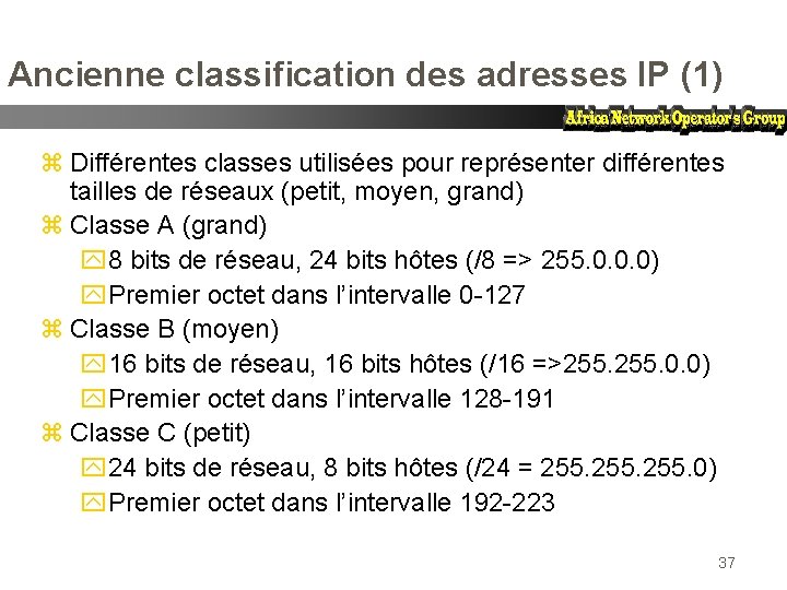 Ancienne classification des adresses IP (1) z Différentes classes utilisées pour représenter différentes tailles