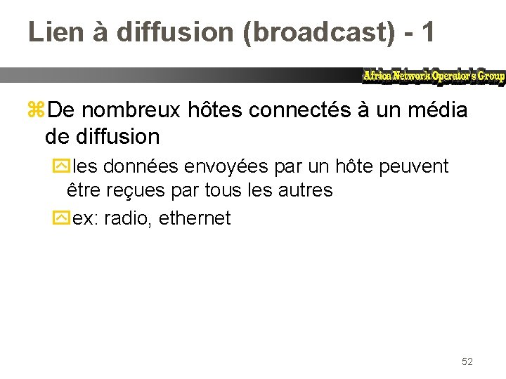 Lien à diffusion (broadcast) - 1 z. De nombreux hôtes connectés à un média