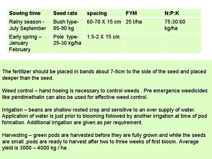 Sowing time Seed rate spacing FYM Rainy season July September Bush type 85 -90