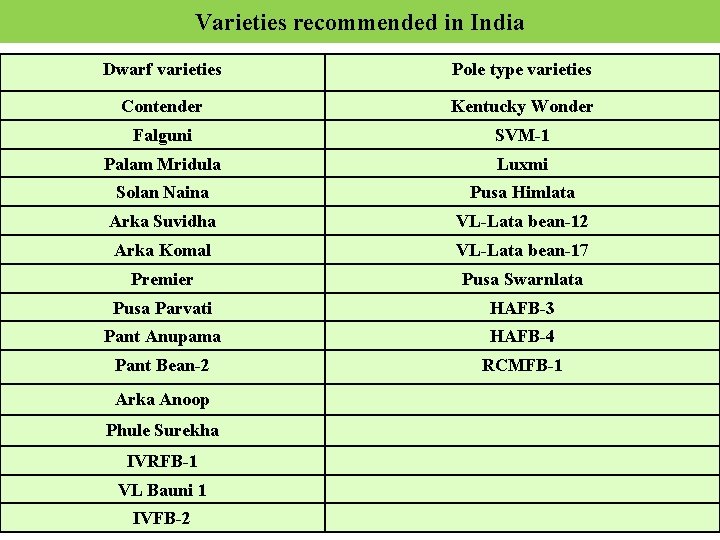 Varieties recommended in India Dwarf varieties Pole type varieties Contender Kentucky Wonder Falguni SVM-1