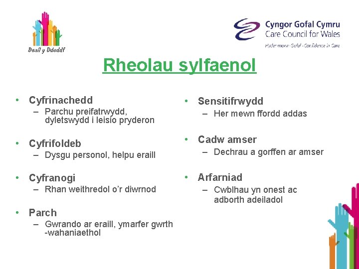 Rheolau sylfaenol • Cyfrinachedd – Parchu preifatrwydd, dyletswydd i leisio pryderon • Cyfrifoldeb –