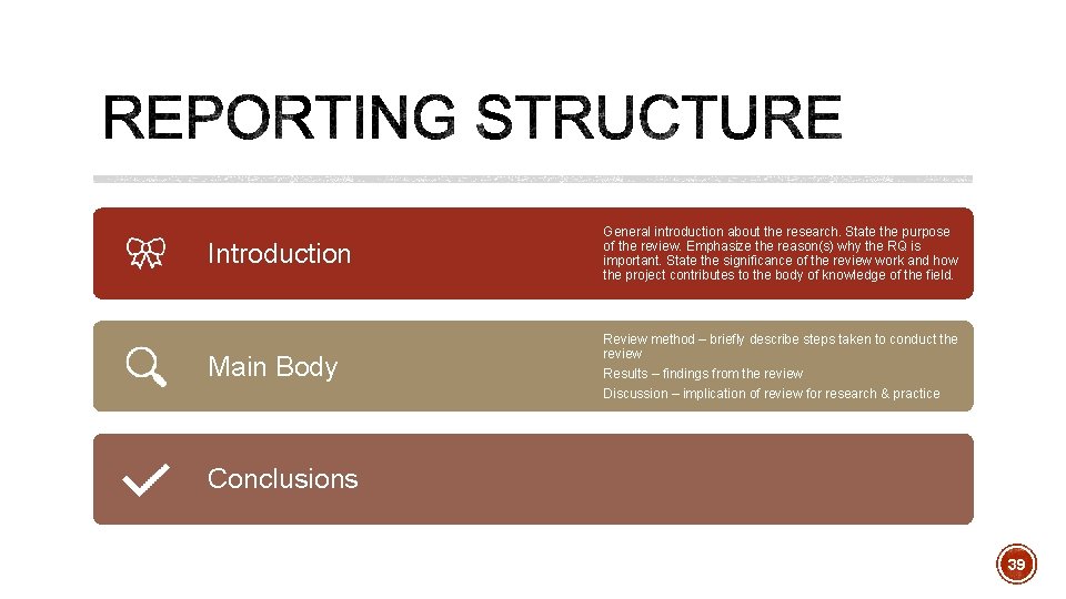 Introduction General introduction about the research. State the purpose of the review. Emphasize the