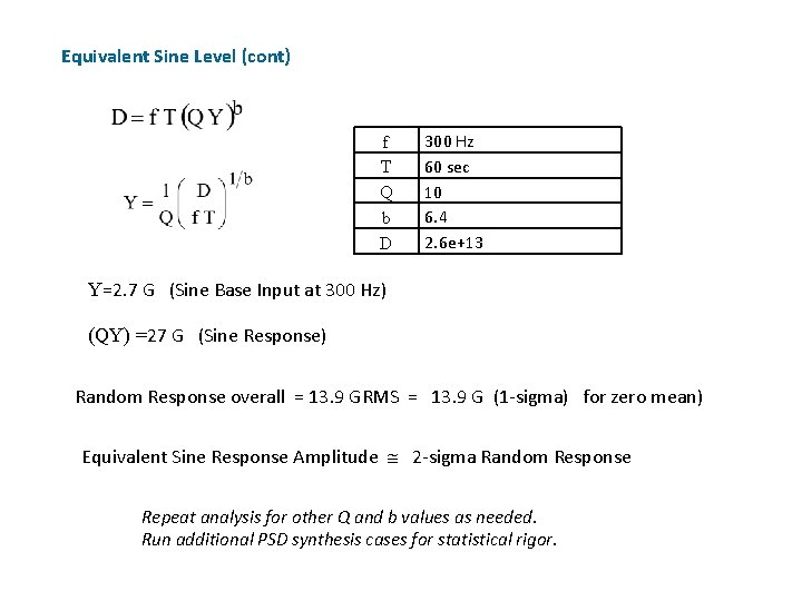 Equivalent Sine Level (cont) f T Q b D 300 Hz 60 sec 10