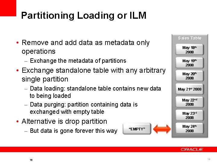 Partitioning Loading or ILM • Remove and add data as metadata only operations –