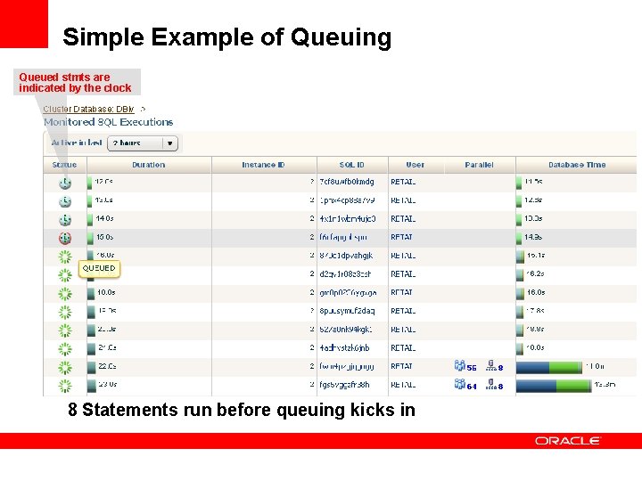 Simple Example of Queuing Queued stmts are indicated by the clock 8 Statements run