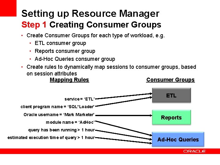 Setting up Resource Manager Step 1 Creating Consumer Groups • Create Consumer Groups for