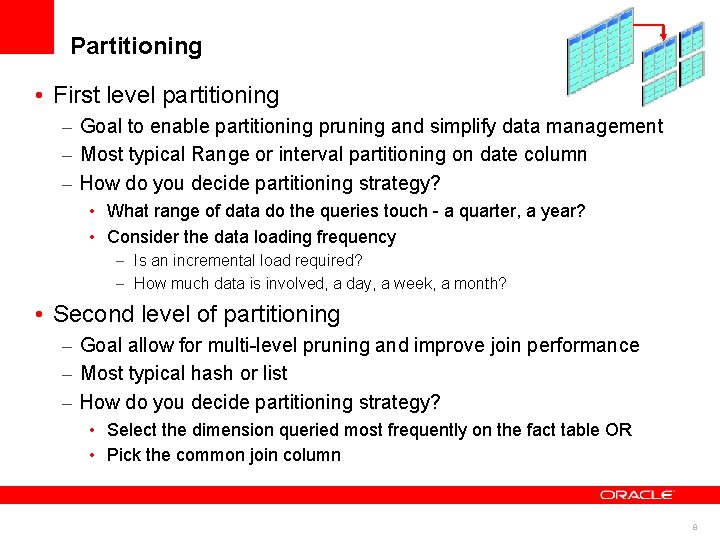 Partitioning • First level partitioning – Goal to enable partitioning pruning and simplify data