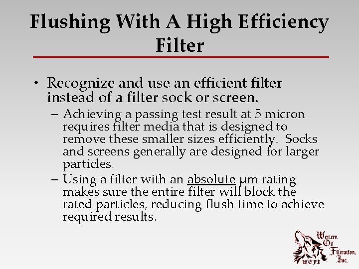 Flushing With A High Efficiency Filter • Recognize and use an efficient filter instead