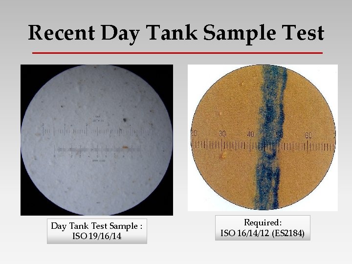 Recent Day Tank Sample Test Day Tank Test Sample : ISO 19/16/14 Required: ISO