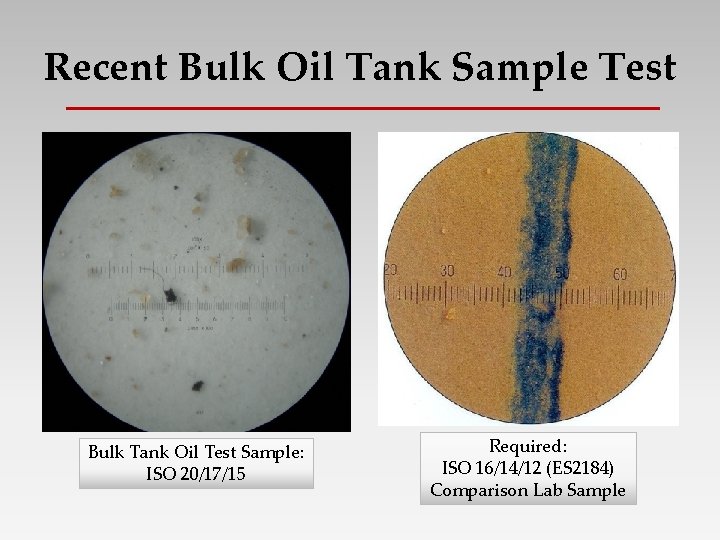 Recent Bulk Oil Tank Sample Test Bulk Tank Oil Test Sample: ISO 20/17/15 Required: