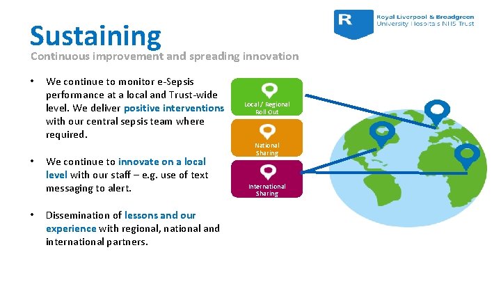 Sustaining Continuous improvement and spreading innovation • • • We continue to monitor e-Sepsis