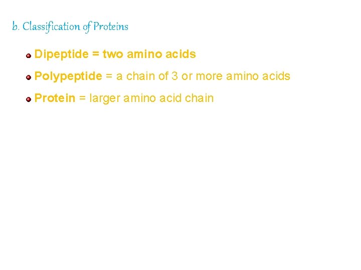 b. Classification of Proteins Dipeptide = two amino acids Polypeptide = a chain of