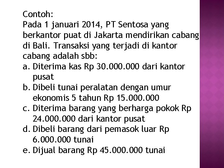 Contoh: Pada 1 januari 2014, PT Sentosa yang berkantor puat di Jakarta mendirikan cabang