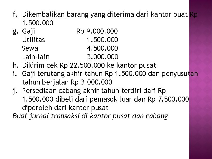 f. Dikembalikan barang yang diterima dari kantor puat Rp 1. 500. 000 g. Gaji