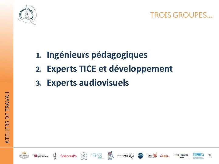 TROIS GROUPES… Ingénieurs pédagogiques 2. Experts TICE et développement 3. Experts audiovisuels ATELIERS DE