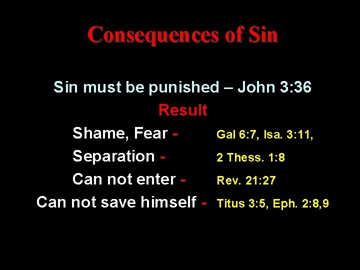 Consequences of Sin must be punished – John 3: 36 Result Shame, Fear Gal