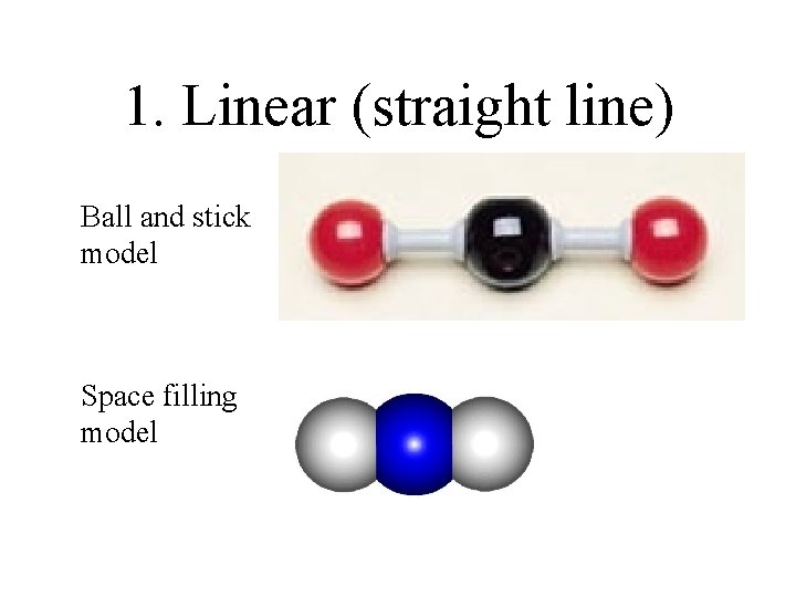 1. Linear (straight line) Ball and stick model Space filling model 