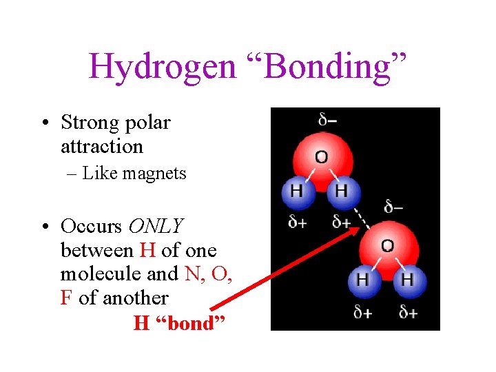 Hydrogen “Bonding” • Strong polar attraction – Like magnets • Occurs ONLY between H