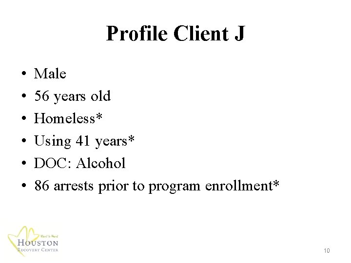 Profile Client J • • • Male 56 years old Homeless* Using 41 years*