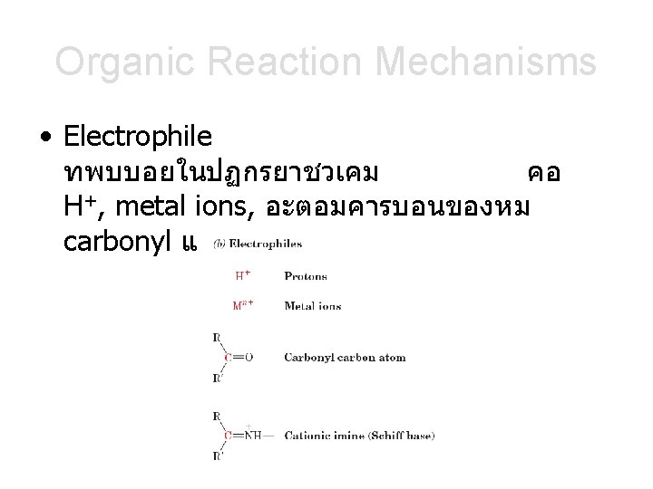 Organic Reaction Mechanisms • Electrophile ทพบบอยในปฏกรยาชวเคม คอ H+, metal ions, อะตอมคารบอนของหม carbonyl และ cationic