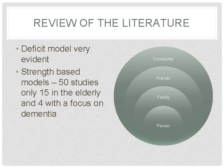 REVIEW OF THE LITERATURE • Deficit model very evident • Strength based models –
