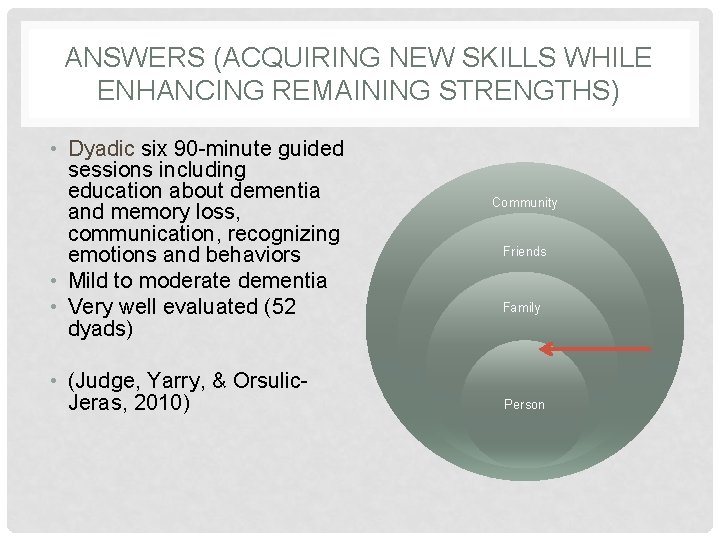 ANSWERS (ACQUIRING NEW SKILLS WHILE ENHANCING REMAINING STRENGTHS) • Dyadic six 90 -minute guided
