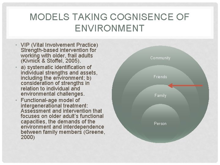 MODELS TAKING COGNISENCE OF ENVIRONMENT • VIP (Vital Involvement Practice) Strength-based intervention for working