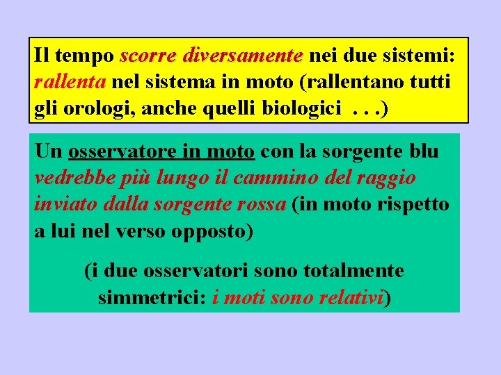 Il tempo scorre diversamente nei due sistemi: rallenta nel sistema in moto (rallentano tutti