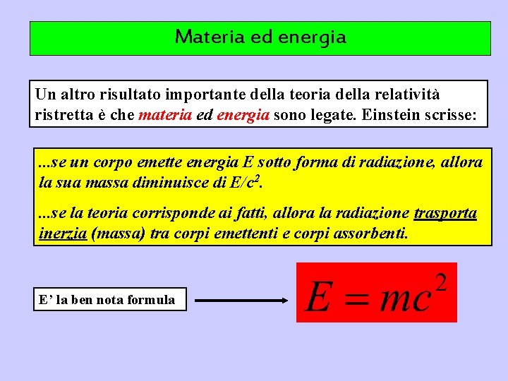 Materia ed energia Un altro risultato importante della teoria della relatività ristretta è che