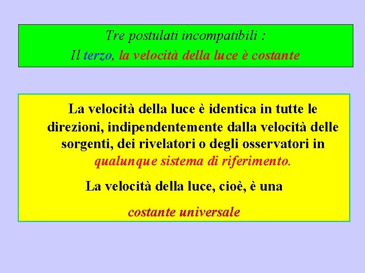 Tre postulati incompatibili : Il terzo, la velocità della luce è costante La velocità