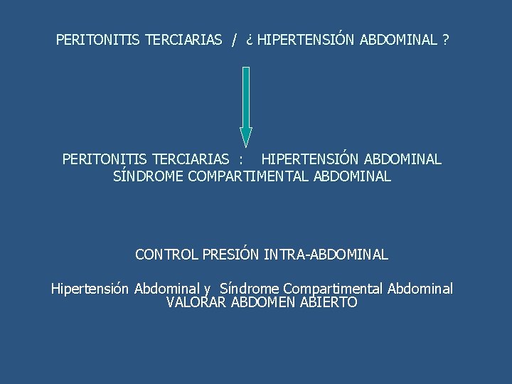 PERITONITIS TERCIARIAS / ¿ HIPERTENSIÓN ABDOMINAL ? PERITONITIS TERCIARIAS : HIPERTENSIÓN ABDOMINAL SÍNDROME COMPARTIMENTAL