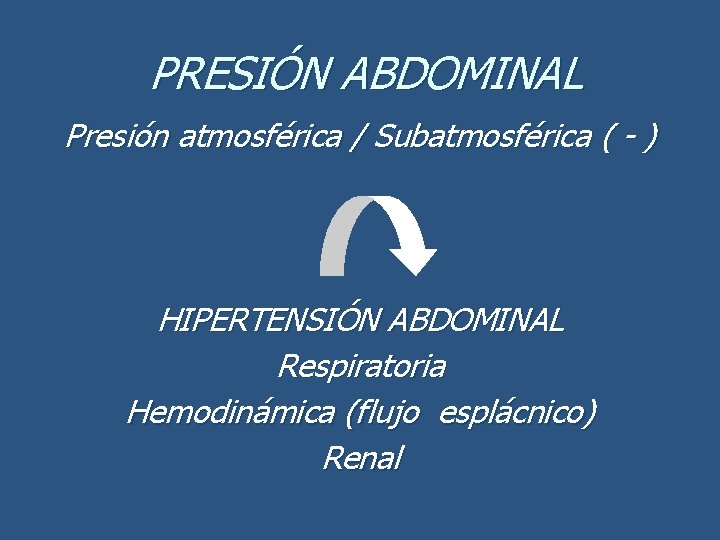 PRESIÓN ABDOMINAL Presión atmosférica / Subatmosférica ( - ) HIPERTENSIÓN ABDOMINAL Respiratoria Hemodinámica (flujo