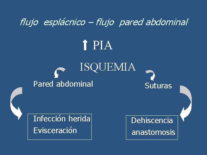 flujo esplácnico – flujo pared abdominal PIA ISQUEMIA Pared abdominal Infección herida Evisceración Suturas