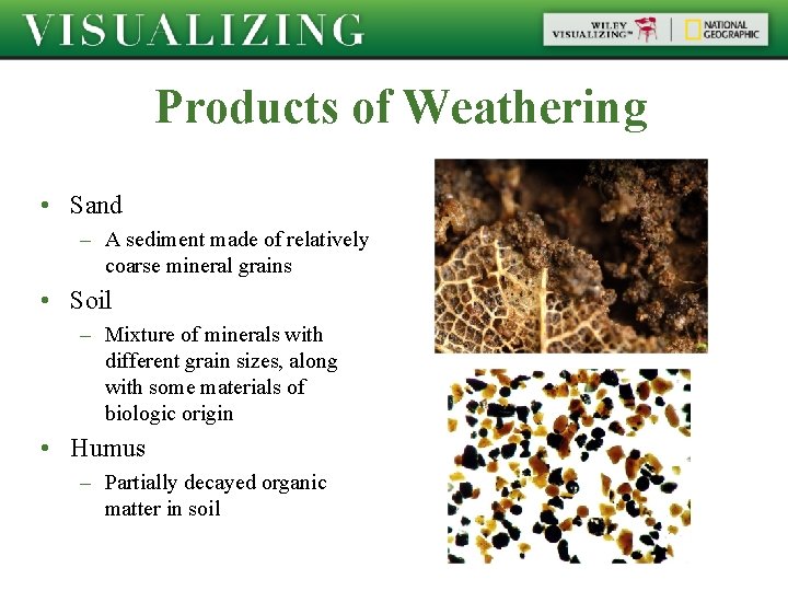 Products of Weathering • Sand – A sediment made of relatively coarse mineral grains