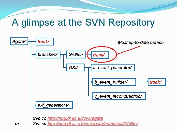 A glimpse at the SVN Repository Agata/ trunk/ branches/ Most up-to-date branch GANIL/ trunk/