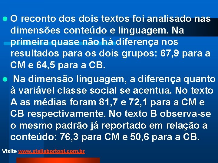 l. O reconto dos dois textos foi analisado nas dimensões conteúdo e linguagem. Na