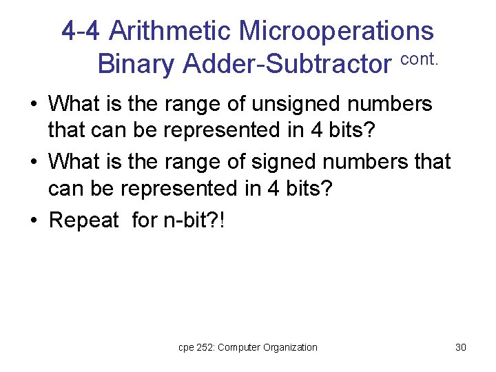 4 -4 Arithmetic Microoperations Binary Adder-Subtractor cont. • What is the range of unsigned 4 -4 Arithmetic Microoperations Binary Adder-Subtractor cont. • What is the range of unsigned