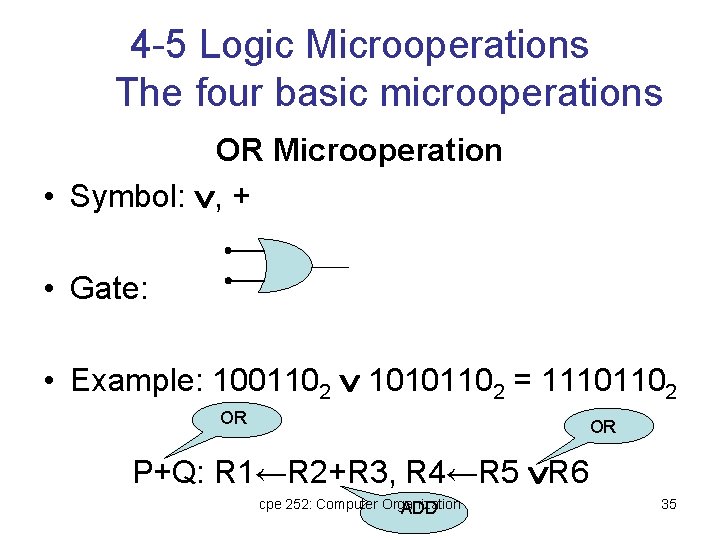 4 -5 Logic Microoperations The four basic microoperations OR Microoperation • Symbol: , +